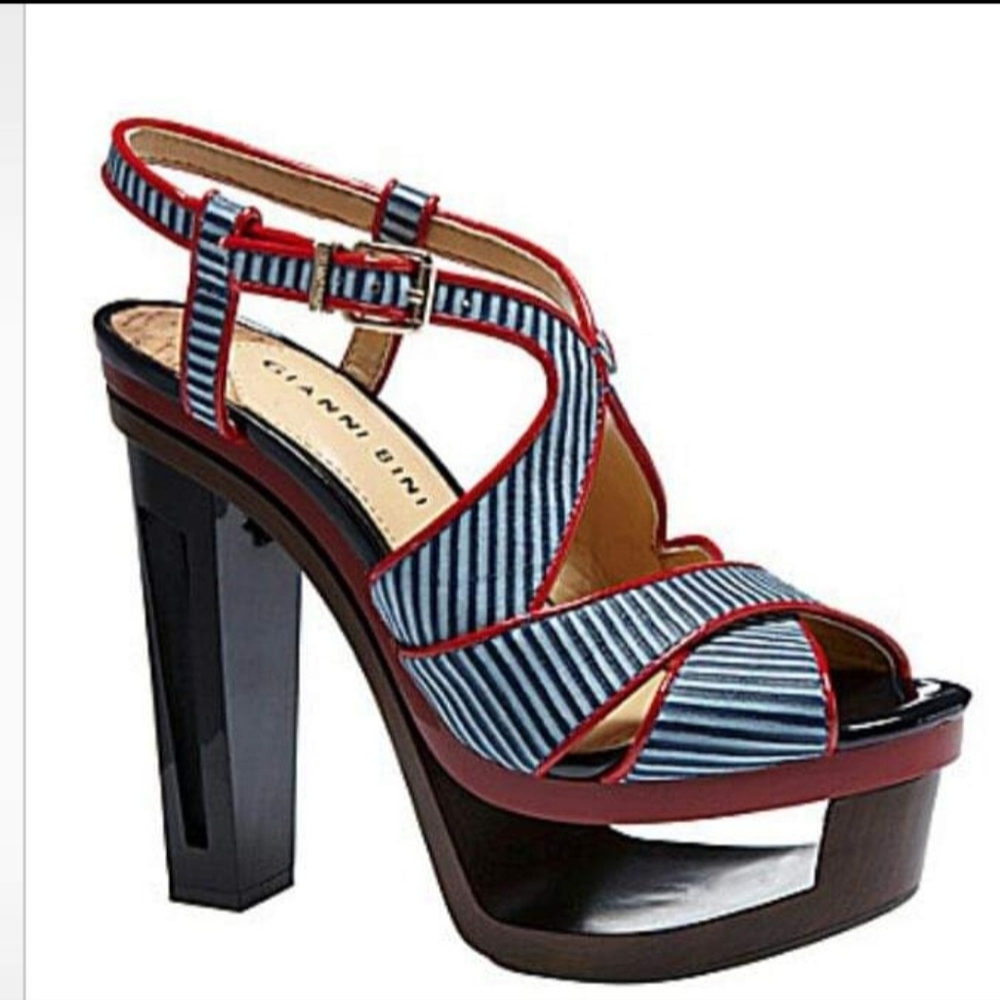 Gianni Bini- Blue, White Striped Red Trimmed Heels